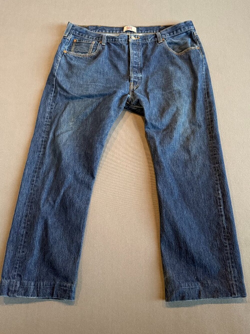READ Levi's 501 Jeans Mens 42x32 Blue Denim Button Fly Altered Hem